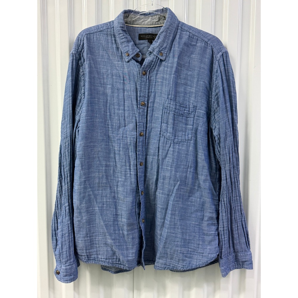 Aeropostale Button Down Shirt Mens XL Blue Excellent Long Sleeve Slub Cotton
